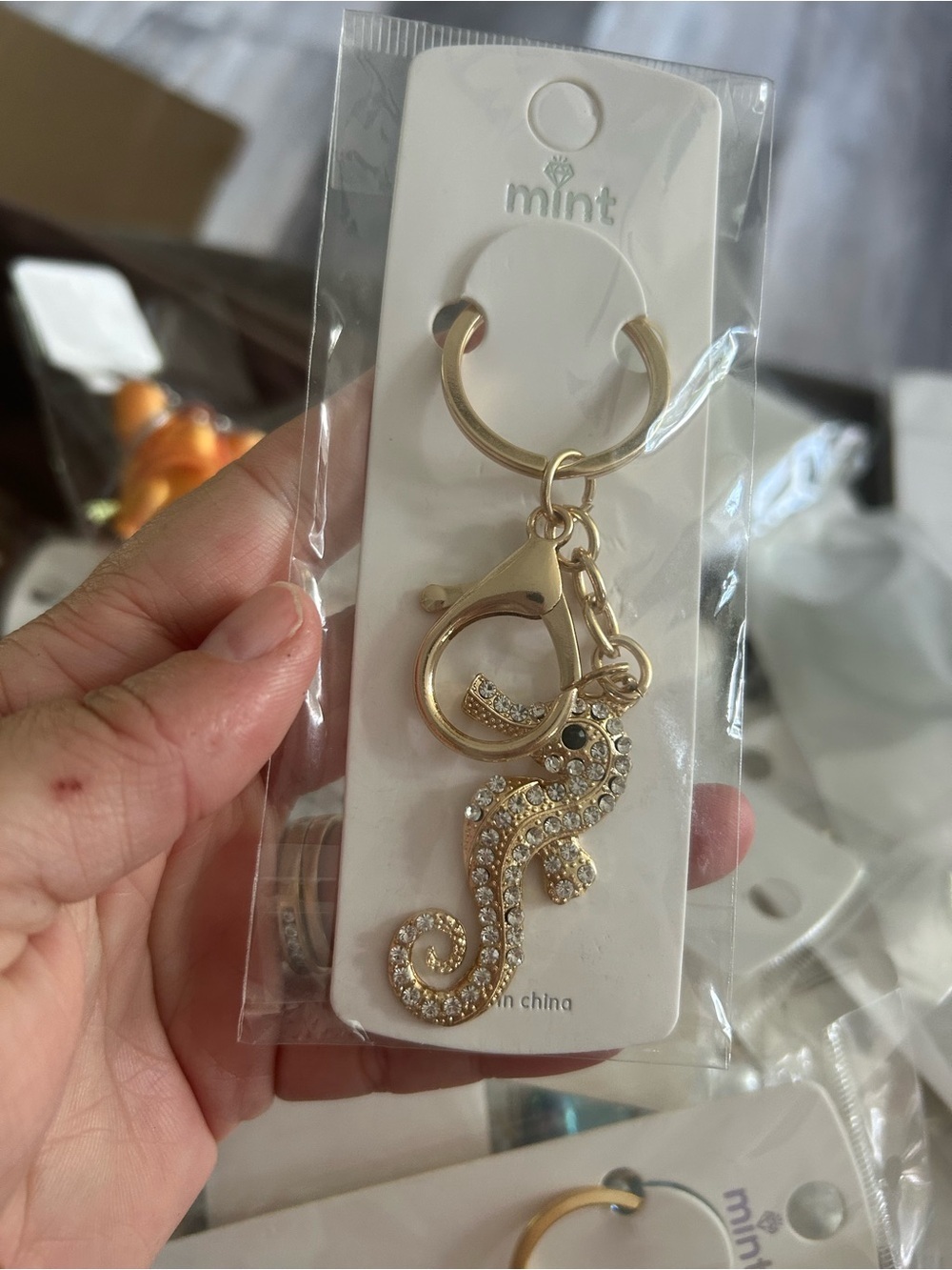 4/$50 Mint Gold Rhinestone Seahorse Keychain Charm